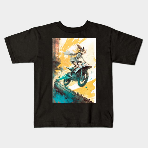 Girl riding motorbike Anime style Kids T-Shirt by KoolArtDistrict